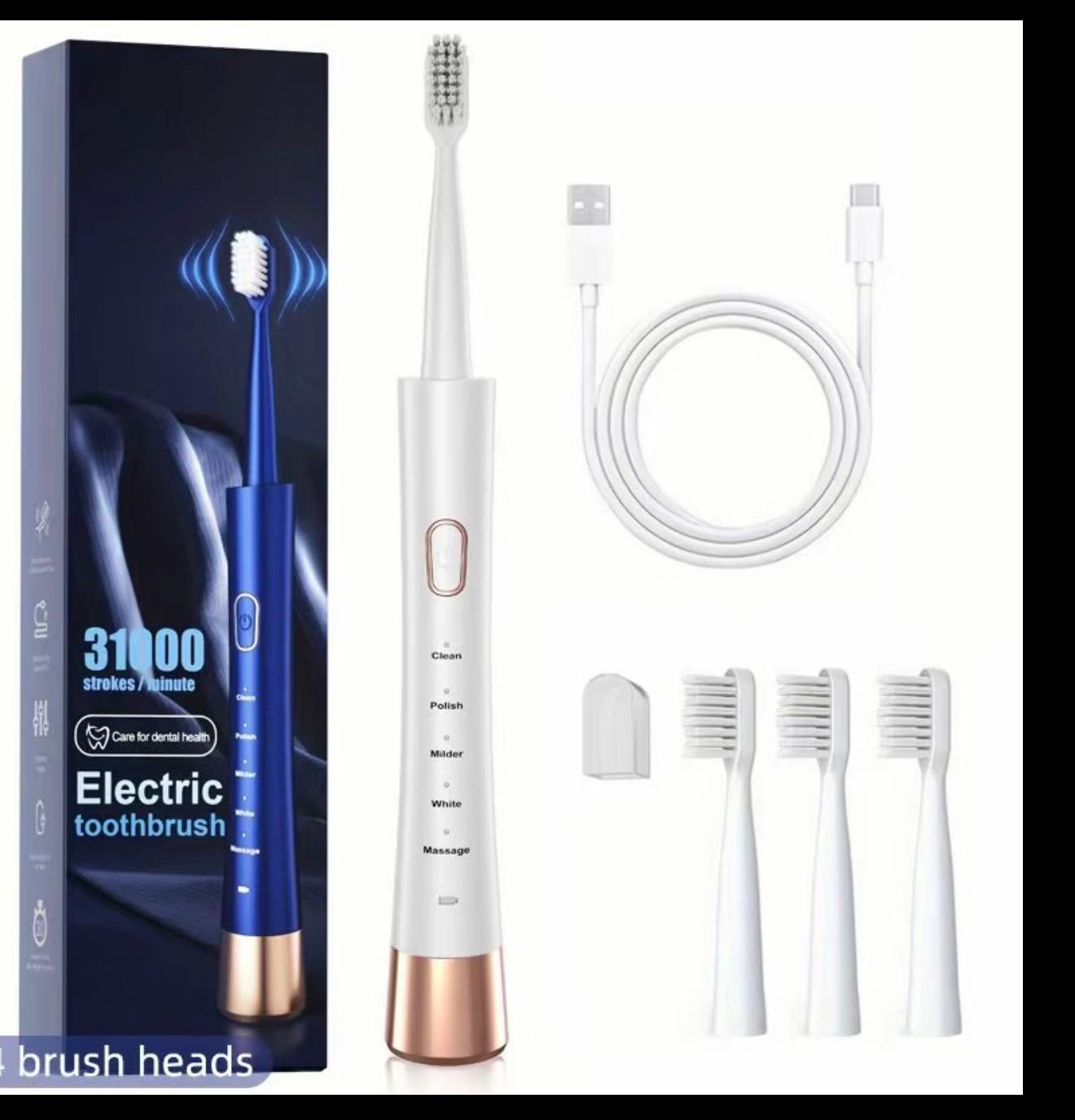 USB Rechargeable Electric Toothbrush Set with 4 Replacement Heads – Soft Bristle Intelligent Cleaning Toothbrush,